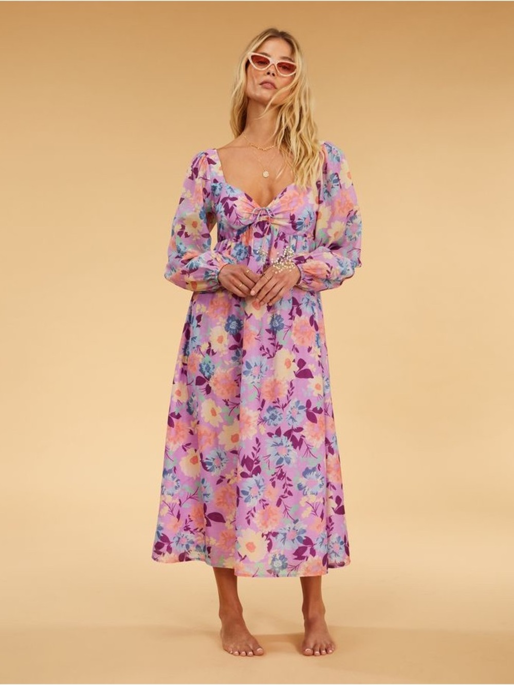 Billabong Lavender Floral Tie-Front Midi Dress